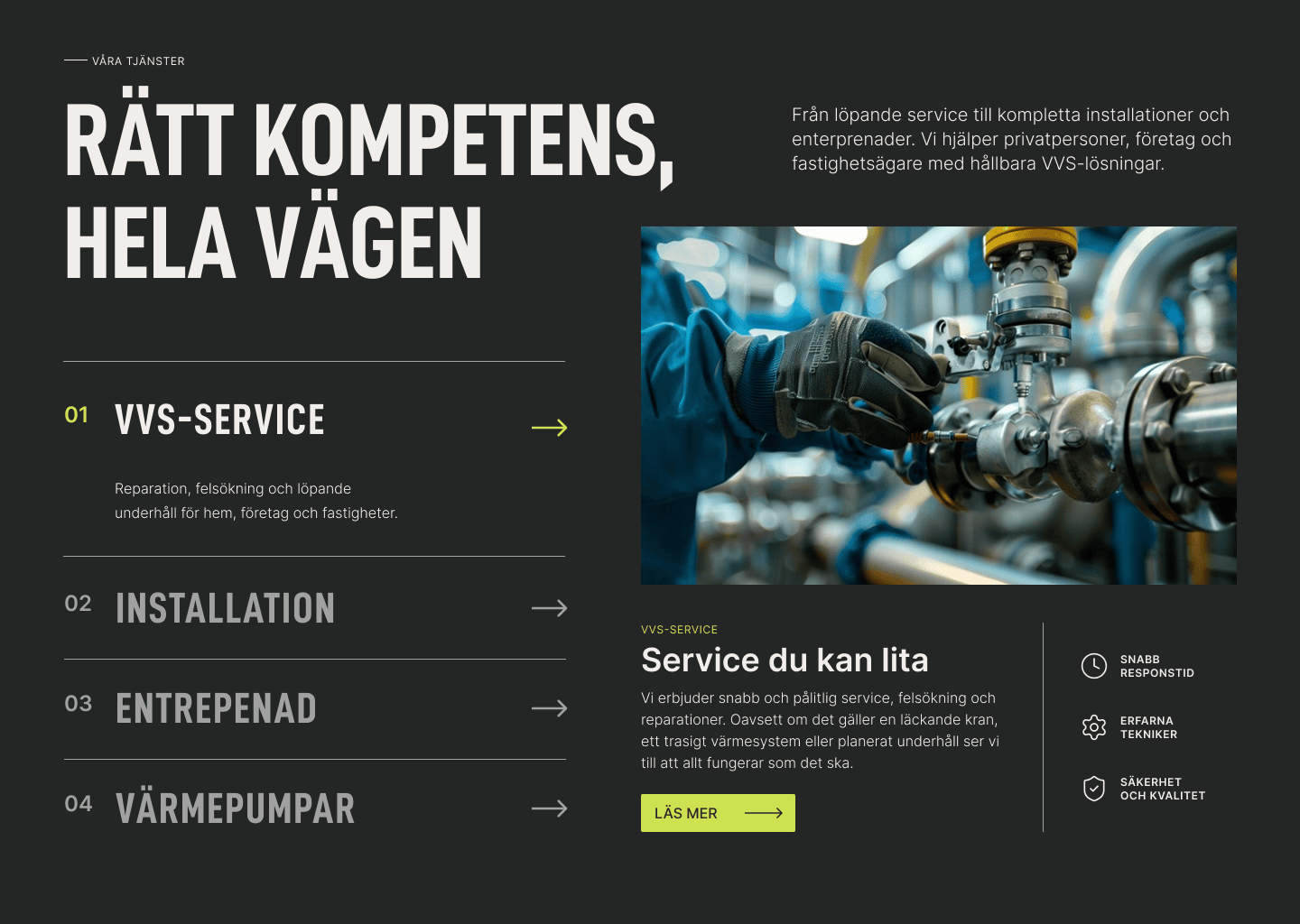 Tjänstesektion på Bergström VVS webbplats